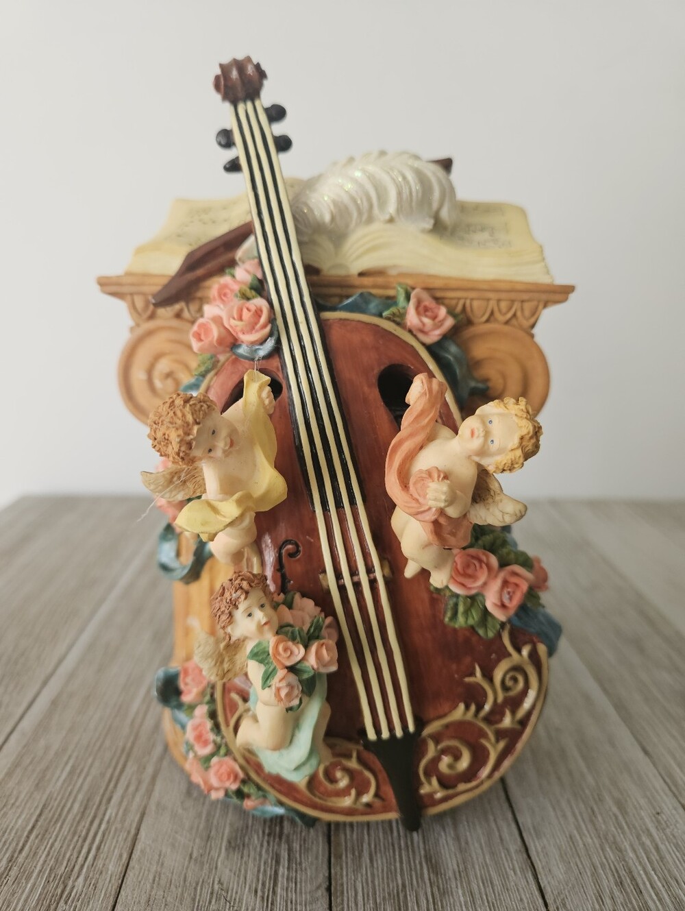 Vintage 8" Cherub Violin Floating Angel Music Box Figurine Plays Waltz Of The Fl